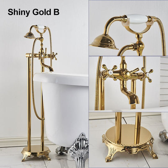 Gold Bathtub Shower Faucet Deck Mount Dual Tube Hot Cold Mixer Shower Systems with Rainfall Handheld Floor Stand Fuacets