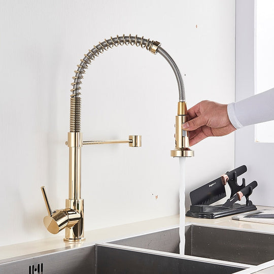 Golden Kitchen Spring Faucet Brass Deck Mount 360 Degree Rotate Stream &amp; Sprayer Nozzle Hot Cold Mixer Vanity Sink Tap