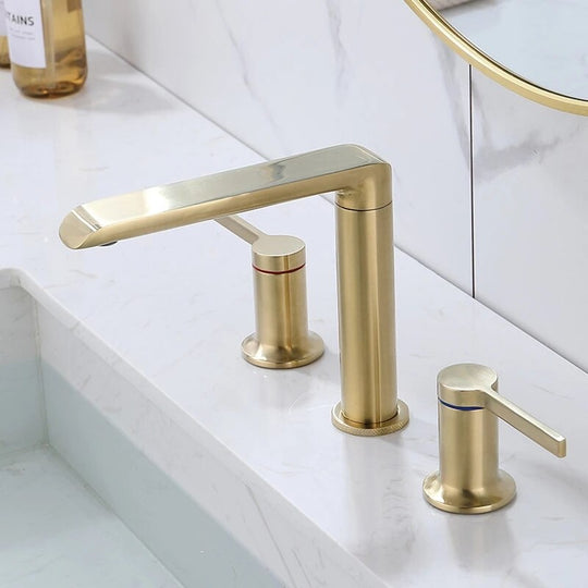 Brushed Gold Bathroom Widespread Basin Faucets Soild Brass Sink Mixer Hot & Cold Lavatory Crane Vessel 2 Handle 3 Hole Black