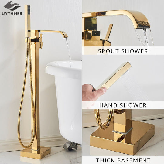 Floor Mounted Bathtub Faucet Set Gold Bath Tub Faucet Hot and Cold Water Shower Bathtub Mixer Tap Waterfall Floor Stand