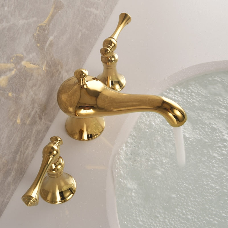 Basin Faucets Bathroom Sink Faucet Brass Golden Three Holes Double Handle Luxury Bath Basin Bathtub Taps Mixer Water