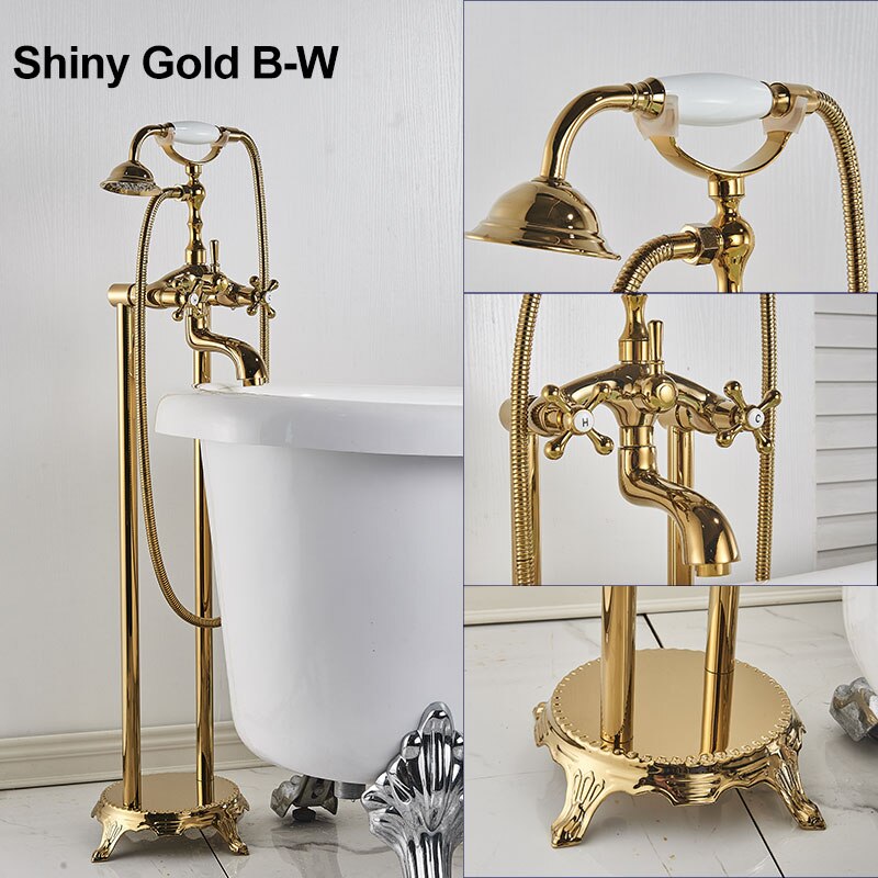 Gold Bathtub Shower Faucet Deck Mount Dual Tube Hot Cold Mixer Shower Systems with Rainfall Handheld Floor Stand Fuacets