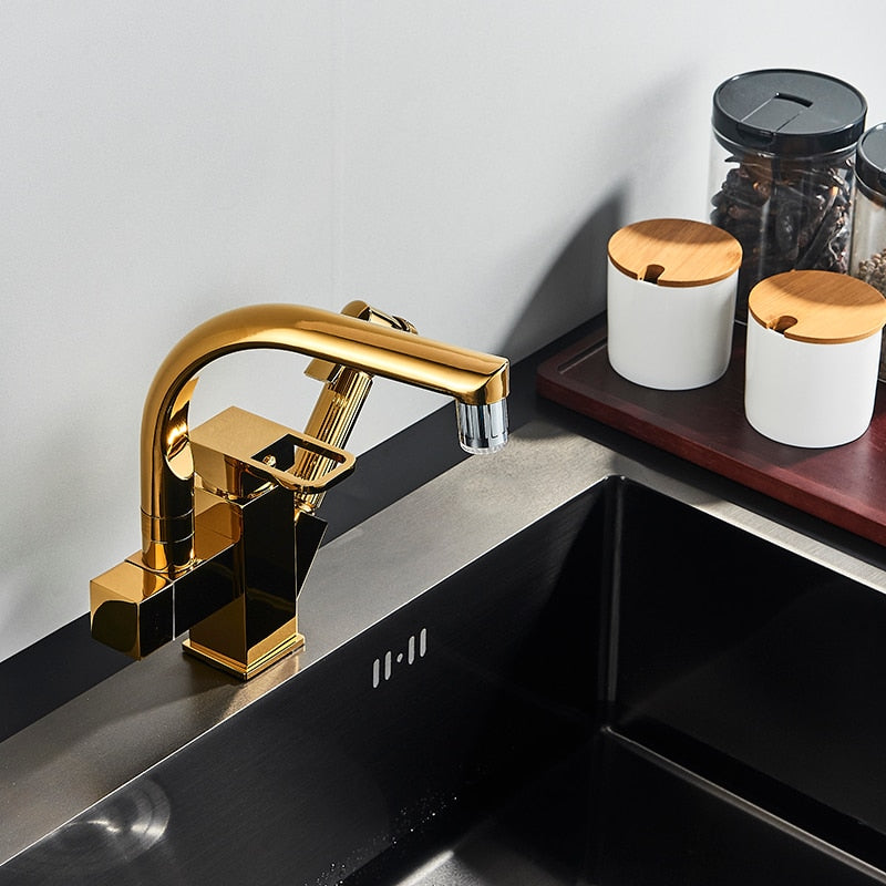 Kitchen Faucet Golden Brass Tap Bathroom Deck Mounted Pull Out Sprayer Gun Led Spout Hot and Cold Water Mixer Tap