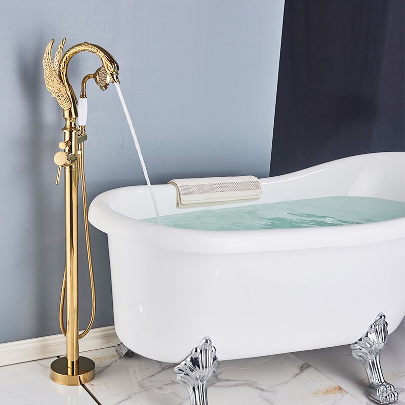 Luxury Golden Bathtub Faucet Swan 2 features hot and Cold Floor Standing Shower faucet