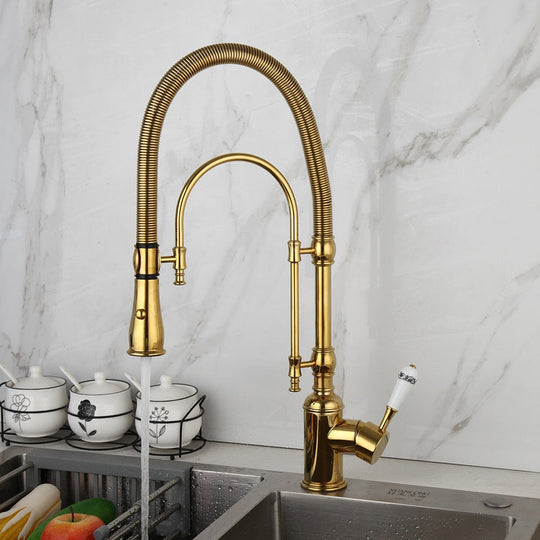 Golden Spring Pull Down Kitchen Sink Faucet Hot &amp; Cold Water Mixer Crane Tap with Dual Spout Deck Mounted