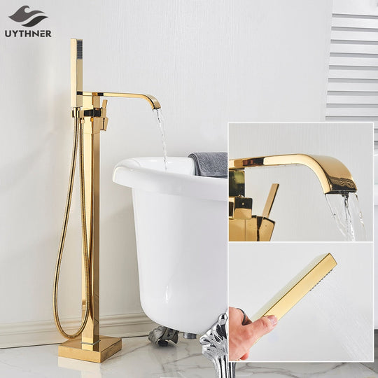 Floor Mounted Bathtub Faucet Set Gold Bath Tub Faucet Hot and Cold Water Shower Bathtub Mixer Tap Waterfall Floor Stand