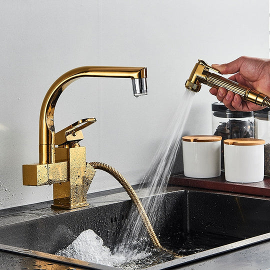 Kitchen Faucet Golden Brass Tap Bathroom Deck Mounted Pull Out Sprayer Gun Led Spout Hot and Cold Water Mixer Tap