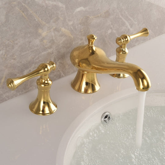 Basin Faucets Bathroom Sink Faucet Brass Golden Three Holes Double Handle Luxury Bath Basin Bathtub Taps Mixer Water