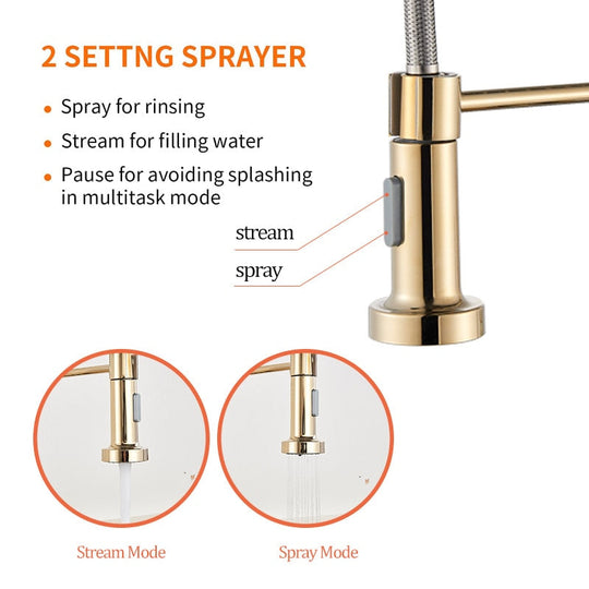 Golden Kitchen Spring Faucet Brass Deck Mount 360 Degree Rotate Stream &amp; Sprayer Nozzle Hot Cold Mixer Vanity Sink Tap