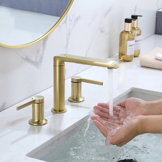 Brushed Gold Bathroom Widespread Basin Faucets Soild Brass Sink Mixer Hot & Cold Lavatory Crane Vessel 2 Handle 3 Hole Black