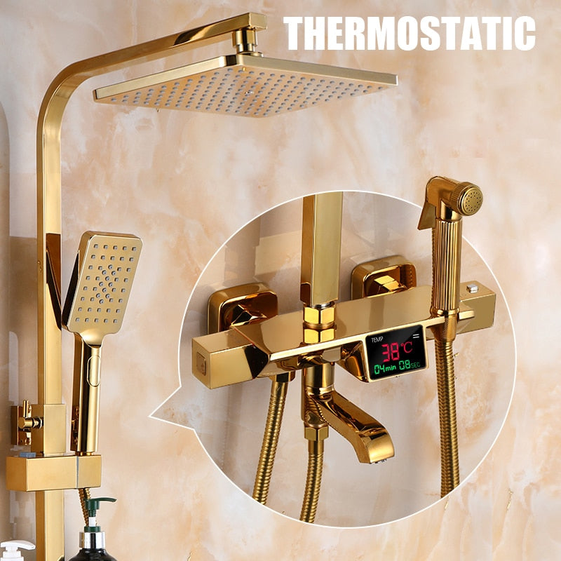 Golden Shower Set Bathroom Smart Digital Shower System Wall Mount Thermostatic Bath Faucet SPA Rainfall Bathtub LED Tap Full Kit