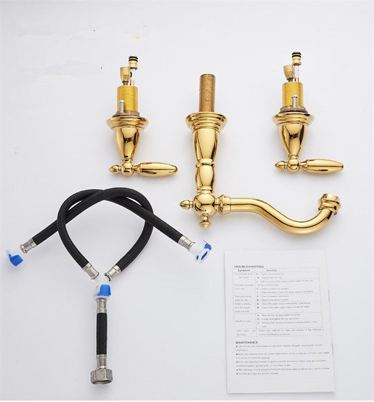 Basin Faucet Brass Rose Gold Widespread Bathroom Faucet Antique Sink Faucets 3 Hole Hot And Cold Gold Water Faucet Tap