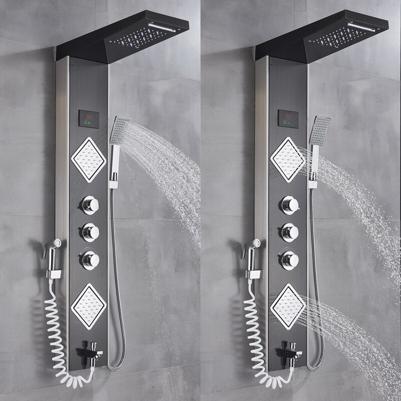 Luxury Brushed Nickle Bathroom Shower Faucet LED Shower Panel Column Bathtub Mixer Tap W/Hand Shower Temperature Screen