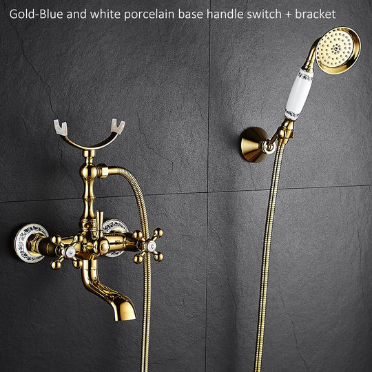 Luxury Crystal Handle Bathtub Gold Brass Faucet with Hand Shower Telephone Type Bath Faucets Sets Mixer Tap Wall Mounted