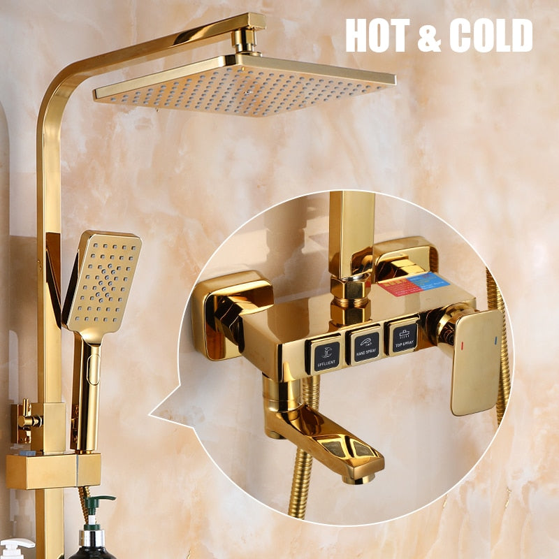 Golden Shower Set Bathroom Smart Digital Shower System Wall Mount Thermostatic Bath Faucet SPA Rainfall Bathtub LED Tap Full Kit