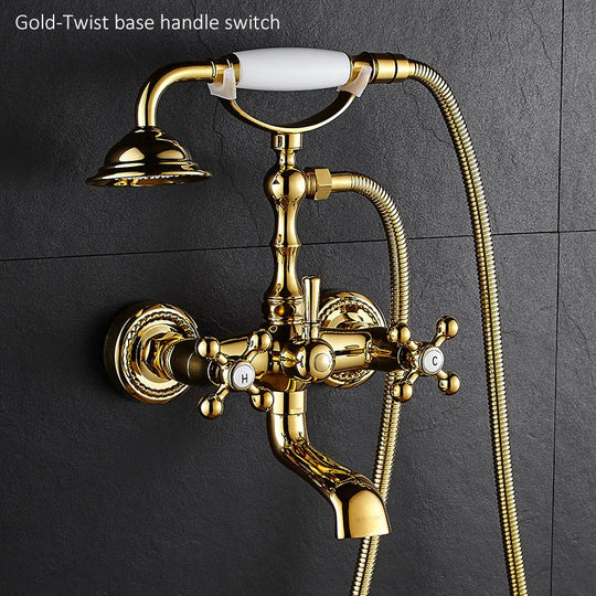 Luxury Crystal Handle Bathtub Gold Brass Faucet with Hand Shower Telephone Type Bath Faucets Sets Mixer Tap Wall Mounted