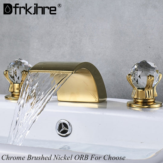 Bathroom Crystal Handle Golden Waterfall Basin Faucet Deck Mount Widespread  Tub Sink Faucet Chrome Basin Hot And Cold Mixer Tap