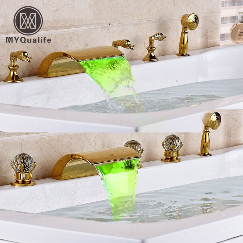 Deck Mounted Waterfall 5pcs Bath tub Faucet Mixers Widespread with LED Light Bathtub Faucet with Handshower