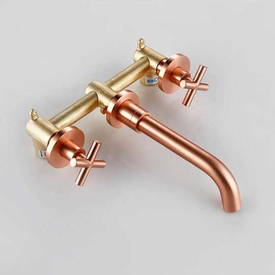 Modern Brushed Rose Gold Brass Double Cross Handle Bath Wall Mounted 3 Hole Water Bathroom Home Sink Faucet Hot Cold Tap In-Wall