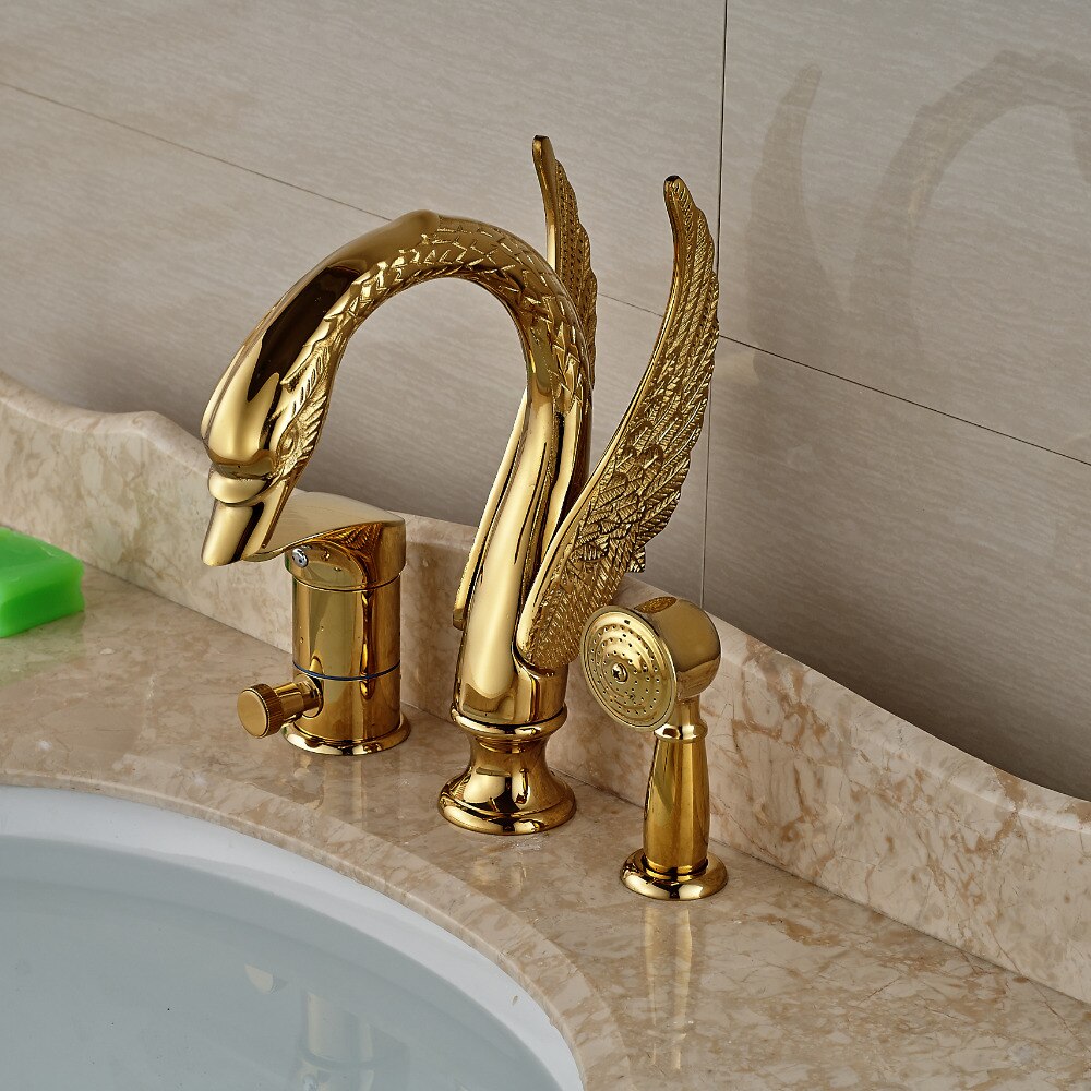 Golden Widespread 3pcs Swan Bathtub Faucet Deck Mount with Handheld Shower Bathroom Tub Mixer Taps