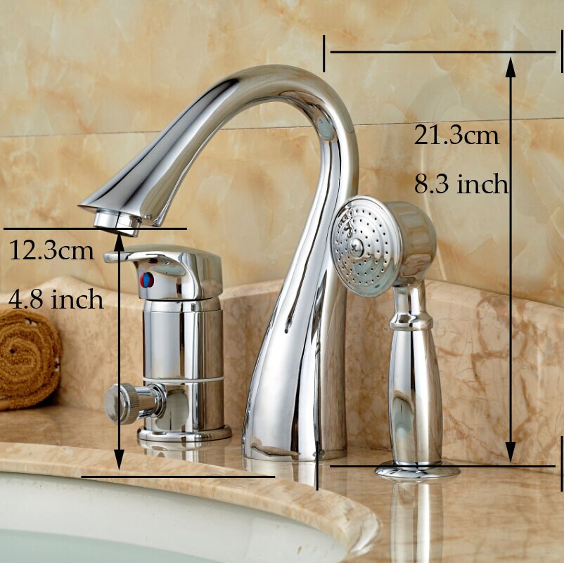 Deck Mounted Widespread 3pc Bathroom Bath Tub Mixer Faucet Brass Handshower Goose Neck Spout Bathroom Mixer Taps