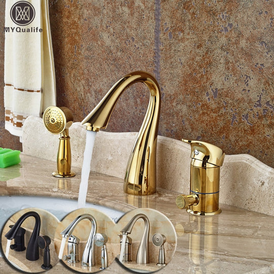 Deck Mounted Widespread 3pc Bathroom Bath Tub Mixer Faucet Brass Handshower Goose Neck Spout Bathroom Mixer Taps