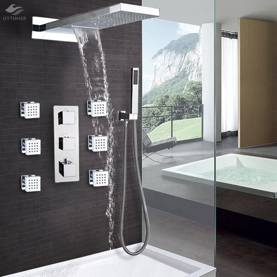 Wall Mount Thermostatic Bathroom Rain Waterfall Shower Faucets Chrome Shower Set Bathtub Shower Mixer Faucet Tap