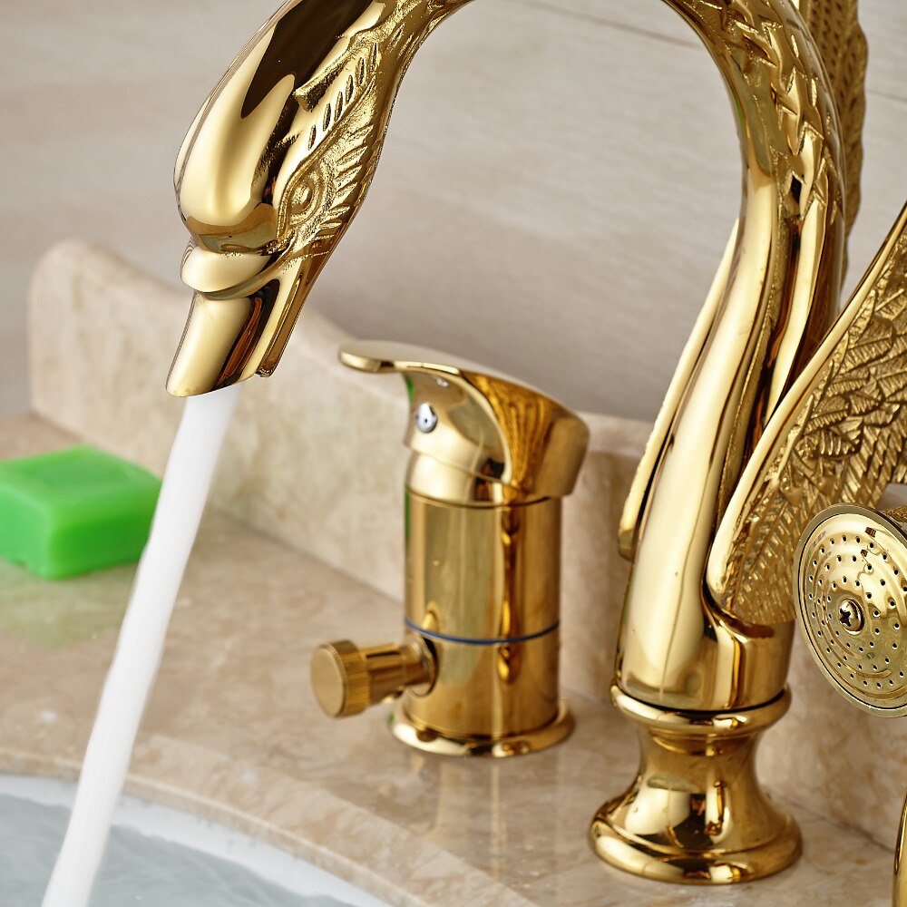 Golden Widespread 3pcs Swan Bathtub Faucet Deck Mount with Handheld Shower Bathroom Tub Mixer Taps