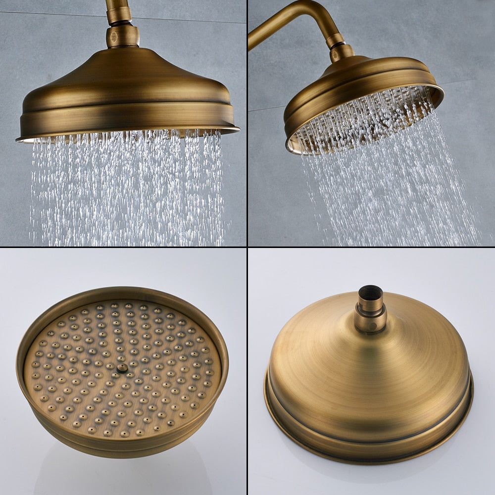 Wall Mounted Antique Brass Shower Set  8 Inch Round Rainfall Shower Head Wide Tub Spout Brass Hand Sprayer Mixer Tap