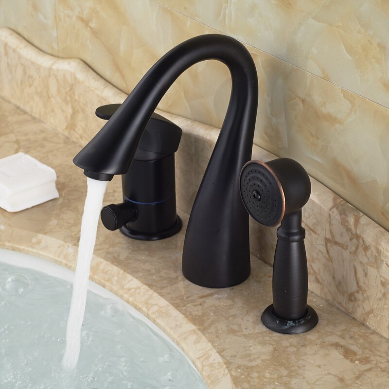 Deck Mounted Widespread 3pc Bathroom Bath Tub Mixer Faucet Brass Handshower Goose Neck Spout Bathroom Mixer Taps