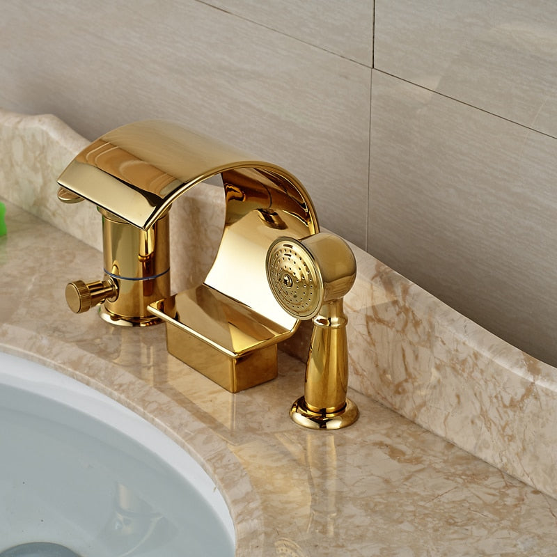 Luxury Golden Waterfall Bathtub Mixer Faucet Deck Mount Single Handle Tub Tap with Handheld Shower