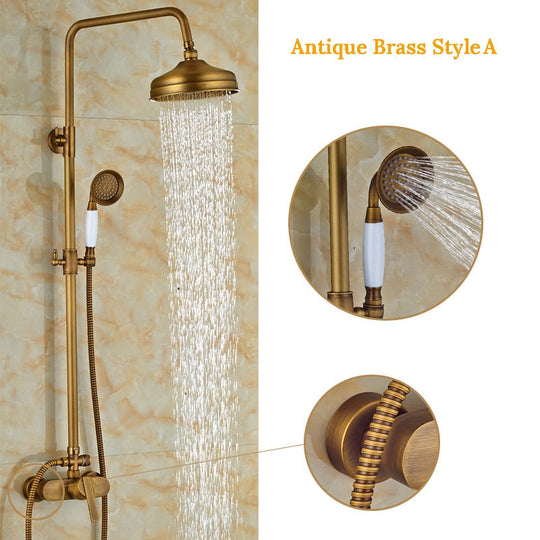 Wall Mounted Antique Brass Shower Set  8 Inch Round Rainfall Shower Head Wide Tub Spout Brass Hand Sprayer Mixer Tap