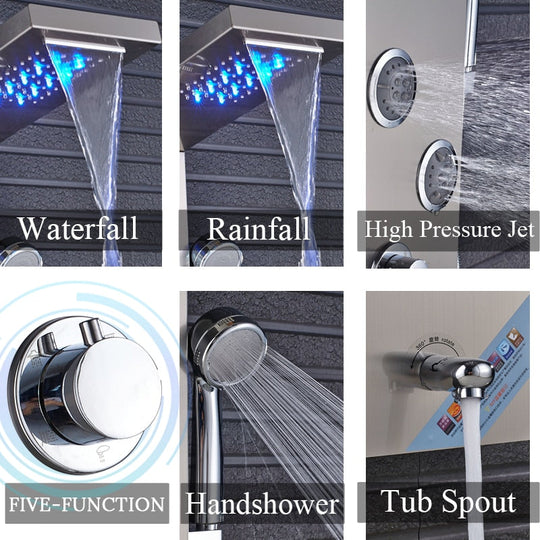 Newly Luxury Black/Brushed Bathroom Shower Faucet LED Shower Panel Column Bathtub Mixer Tap With Hand Shower Temperature Screen