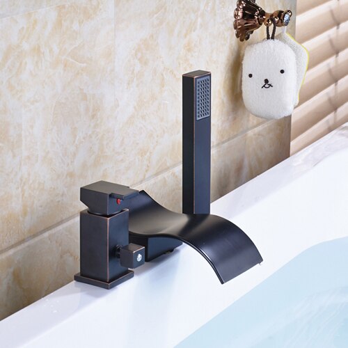 Deck Mounted 3pc Waterfall Bathroom Tub Mixer Faucet Single Lever with Handshower Bathtub Hot and Cold Taps