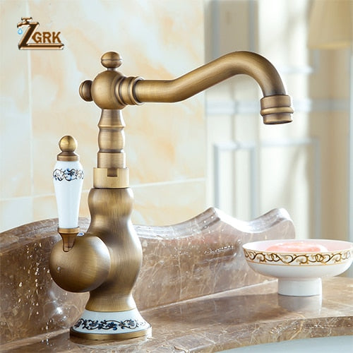 Antique Brass Faucet Bathroom Single Handle Bathroom Sink Mixer Taps Hot and Cold Water Rotatable Faucet For Basin Deck Mounted