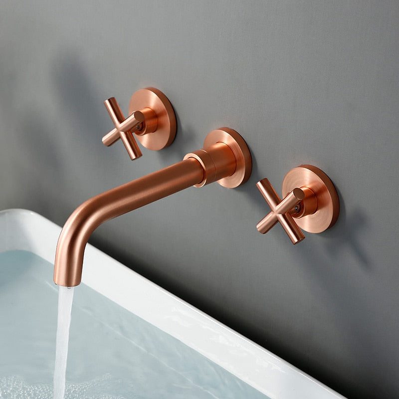 Modern Brushed Rose Gold Brass Double Cross Handle Bath Wall Mounted 3 Hole Water Bathroom Home Sink Faucet Hot Cold Tap In-Wall