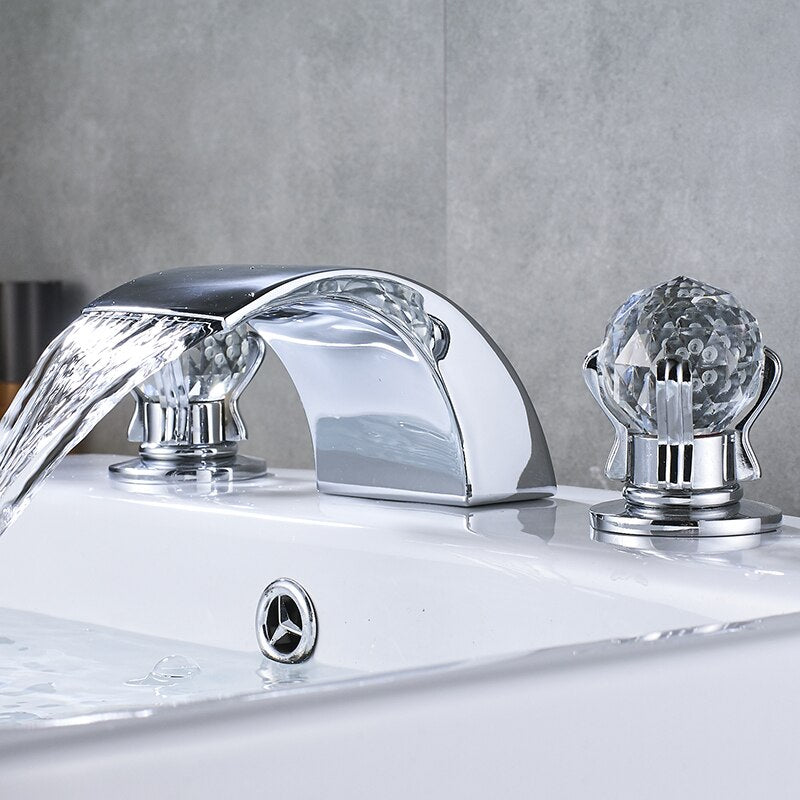 Bathroom Crystal Handle Golden Waterfall Basin Faucet Deck Mount Widespread  Tub Sink Faucet Chrome Basin Hot And Cold Mixer Tap