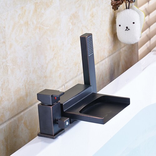 Deck Mounted 3pc Waterfall Bathroom Tub Mixer Faucet Single Lever with Handshower Bathtub Hot and Cold Taps