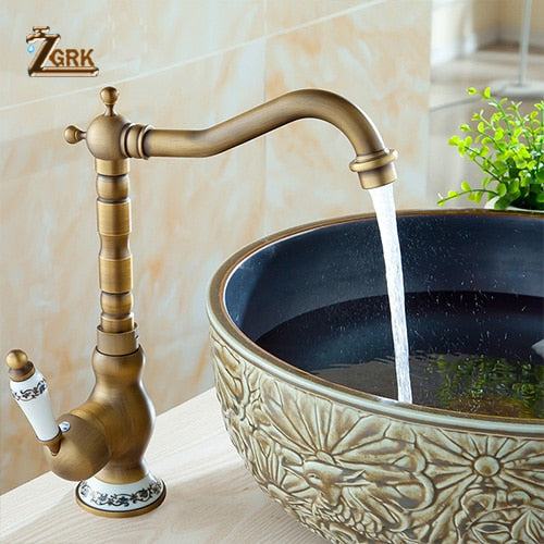 Antique Brass Faucet Bathroom Single Handle Bathroom Sink Mixer Taps Hot and Cold Water Rotatable Faucet For Basin Deck Mounted