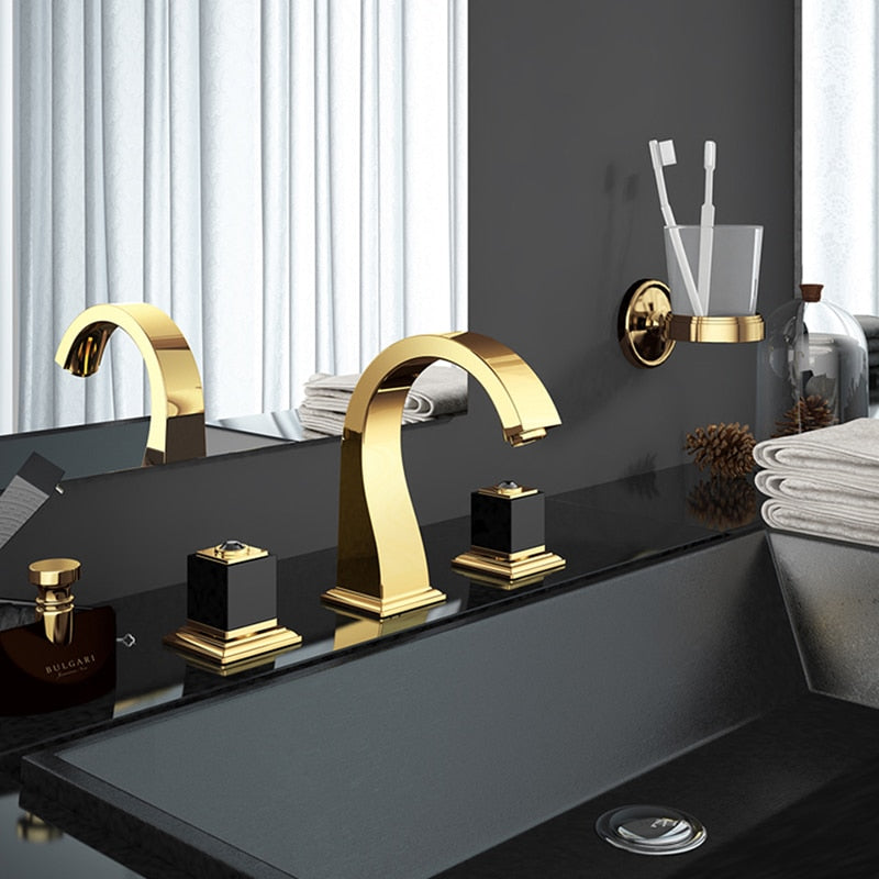 Basin Faucets Bathroom Sink Faucet Brass Golden Paint 3 Holes Double Handle Luxury Bathbasin Bathtub Taps Hot & Cold Mixer Water