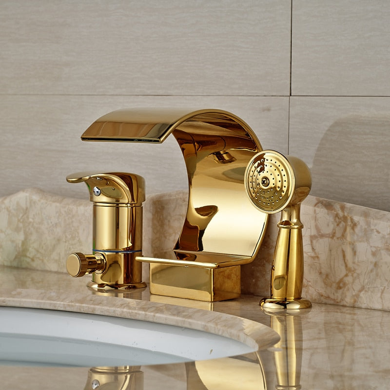 Luxury Golden Waterfall Bathtub Mixer Faucet Deck Mount Single Handle Tub Tap with Handheld Shower