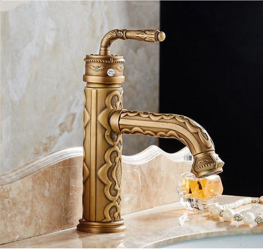 Basin Faucets Solid Brass Vintage Antique Bathroom Faucet Single Handle 360 Degree Swivel Spout Hot Cold Water Basin Mixer Tap