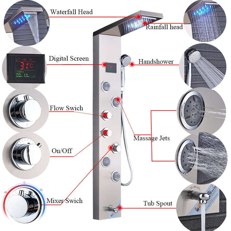 Newly Luxury Black/Brushed Bathroom Shower Faucet LED Shower Panel Column Bathtub Mixer Tap With Hand Shower Temperature Screen