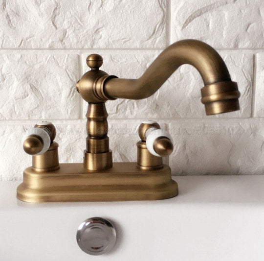 Antique Brass Double Handle Bathroom Wash Basin Mixer Taps / 2 Hole Deck Mounted Swivel Spout Vessel Sink Faucets