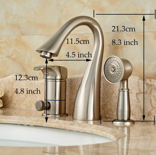 Deck Mounted Widespread 3pc Bathroom Bath Tub Mixer Faucet Brass Handshower Goose Neck Spout Bathroom Mixer Taps