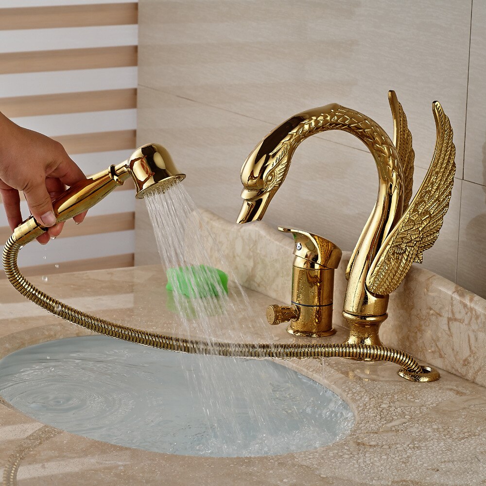 Golden Widespread 3pcs Swan Bathtub Faucet Deck Mount with Handheld Shower Bathroom Tub Mixer Taps