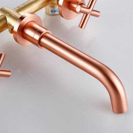 Modern Brushed Rose Gold Brass Double Cross Handle Bath Wall Mounted 3 Hole Water Bathroom Home Sink Faucet Hot Cold Tap In-Wall