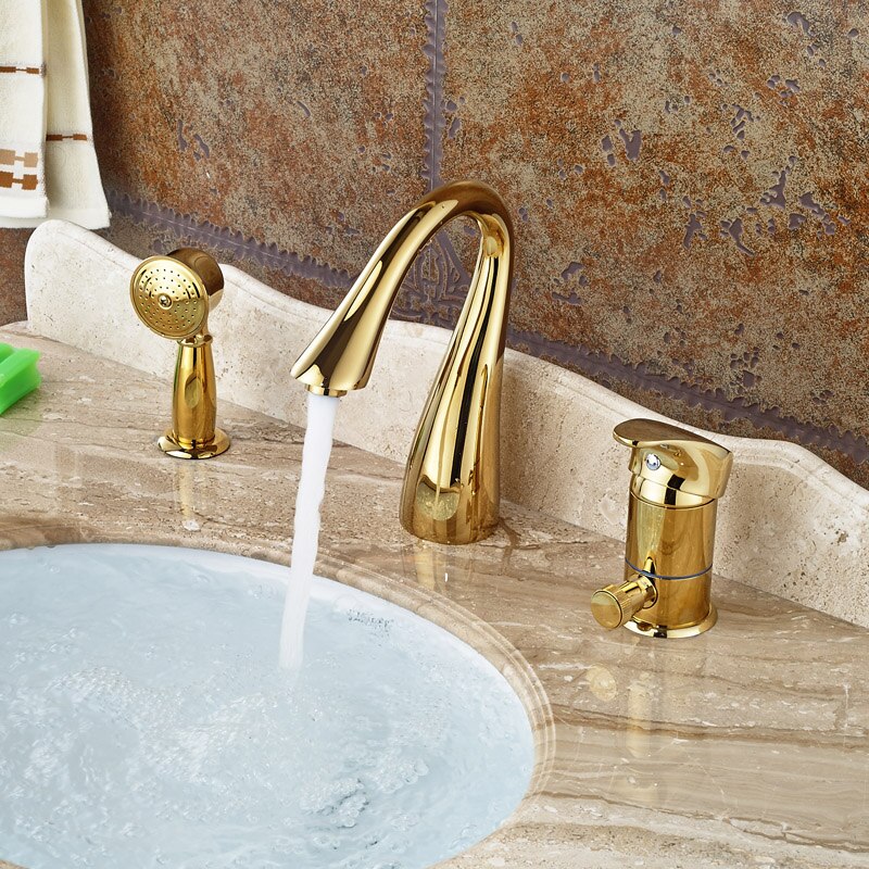 Deck Mounted Widespread 3pc Bathroom Bath Tub Mixer Faucet Brass Handshower Goose Neck Spout Bathroom Mixer Taps