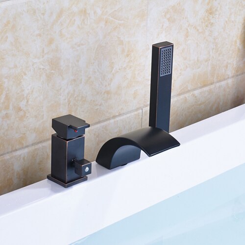 Deck Mounted 3pc Waterfall Bathroom Tub Mixer Faucet Single Lever with Handshower Bathtub Hot and Cold Taps