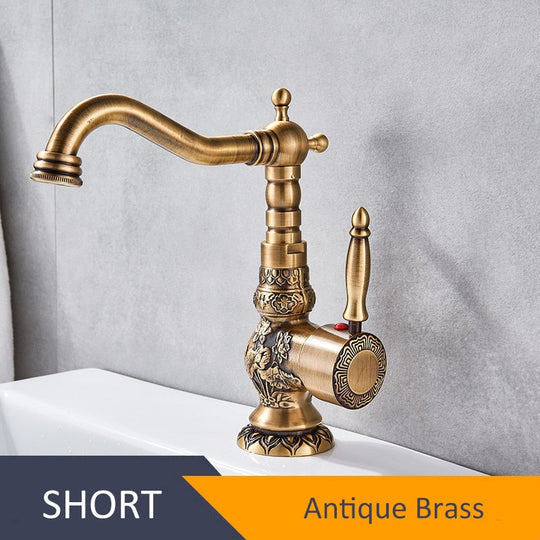 Antique Brass Bathroom Basin Carved Faucet Long Nose Spout Wash Sink Tap 360 Rotation Single Handle Mixer Tap torneiras